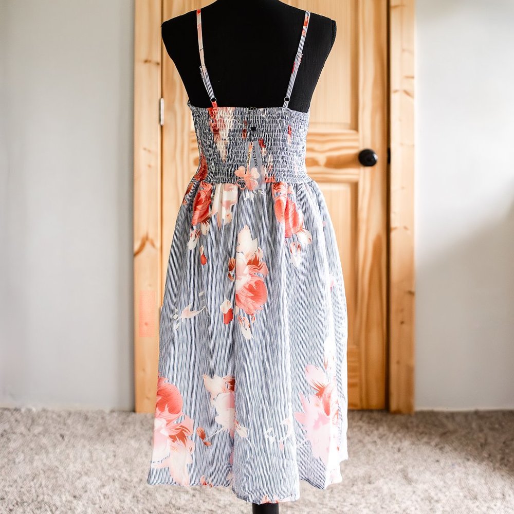 NWT FancyInn Blue Striped Pink Floral Front Cut Out Dress Size S Nautical Cotton - Picture 2 of 14